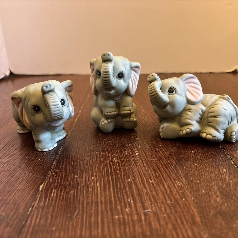 Vintage Homco Set of 3 Baby Elephant Collectible Figurines #1400 Gray Stickers